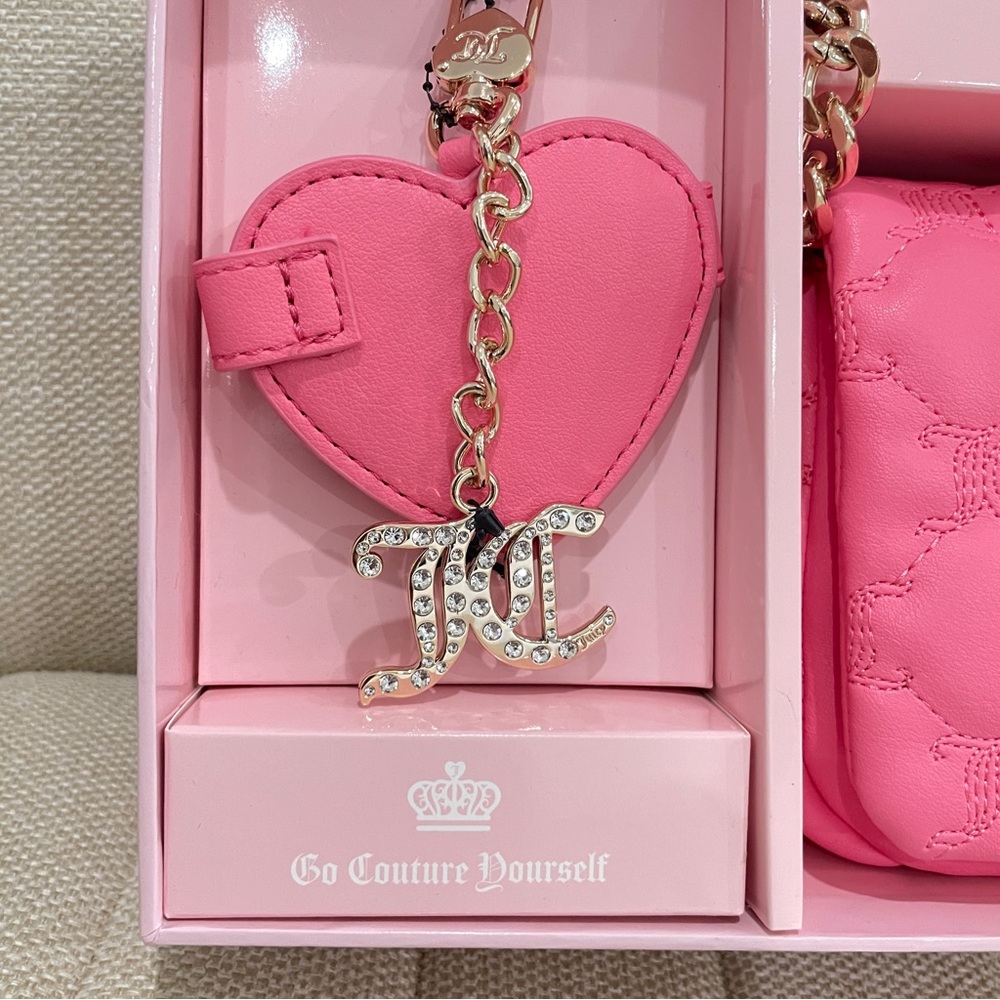 NEW Juicy Couture Pink Quilted Crossbody Bag Rhinestone Logo Mirror Keychain Set - Picture 3 of 12